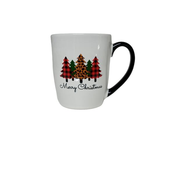 Vintage Christmas Trees Mug Merry Christmas Plaid Red Black Coffee Cup Holiday - Picture 8 of 9